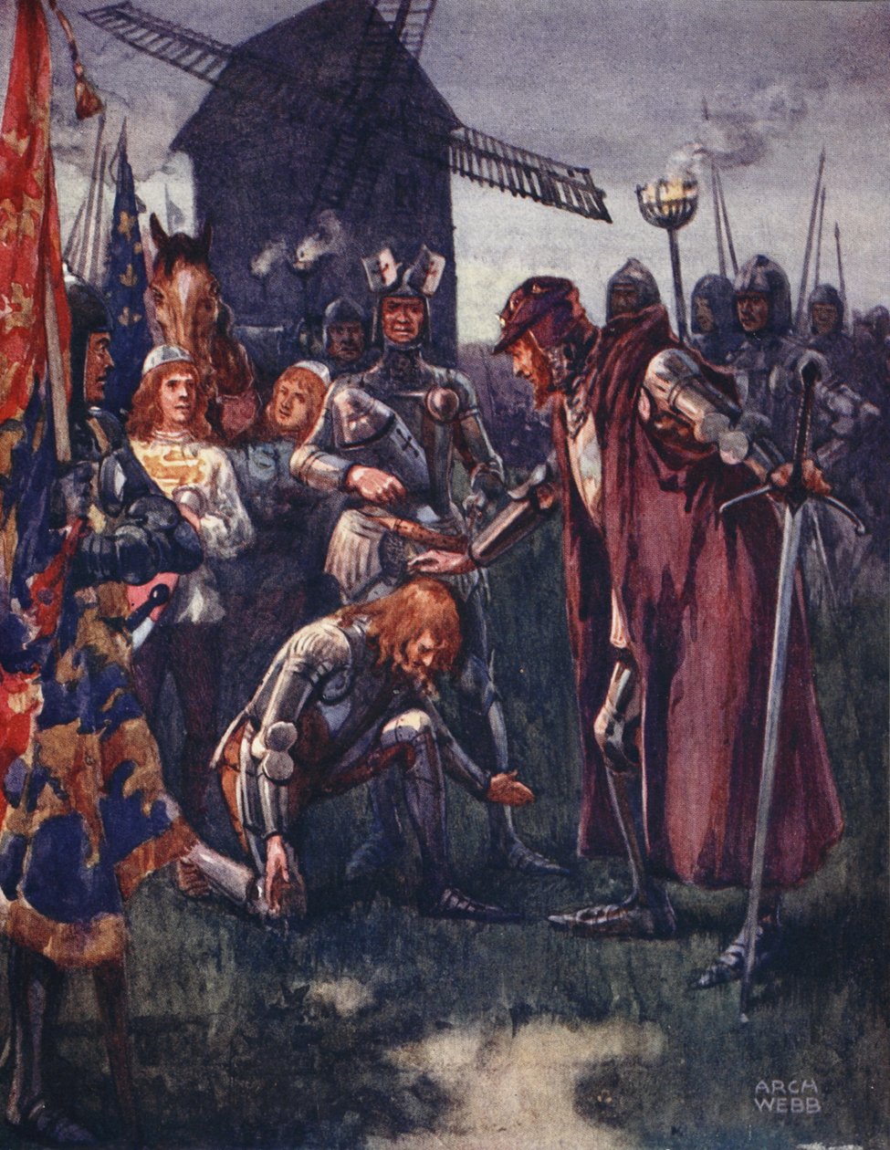 Prinsen knäböjer inför sin far: Han har slaget - han är helt och hållet hans! från Ballads of Famous Fights, första upplagan, 1920 av Archibald Webb