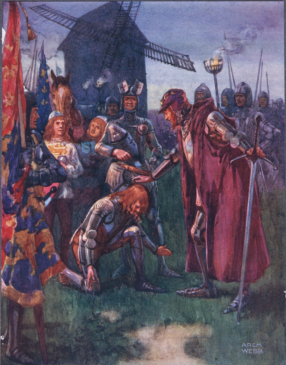 Prinsen till sin Fader knäböjer lågt: Hans är striden - hans helt! illustration från Ballads of Famous Fights, c.1900 av Archibald Webb