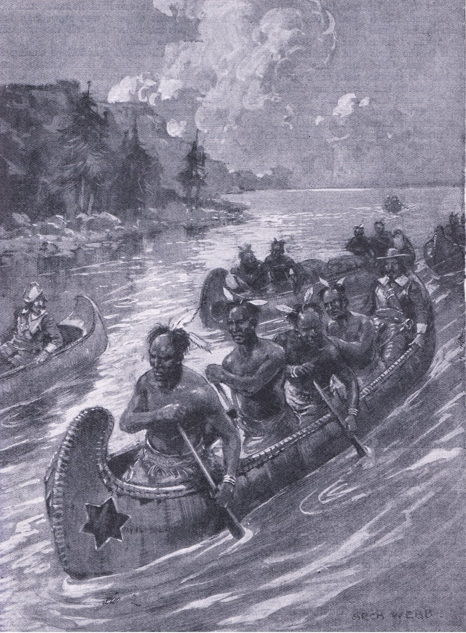 Resan som ledde till platsen i Quebec, illustration från Cassells Romance of Famous Lives, ca 1940 av Archibald Webb