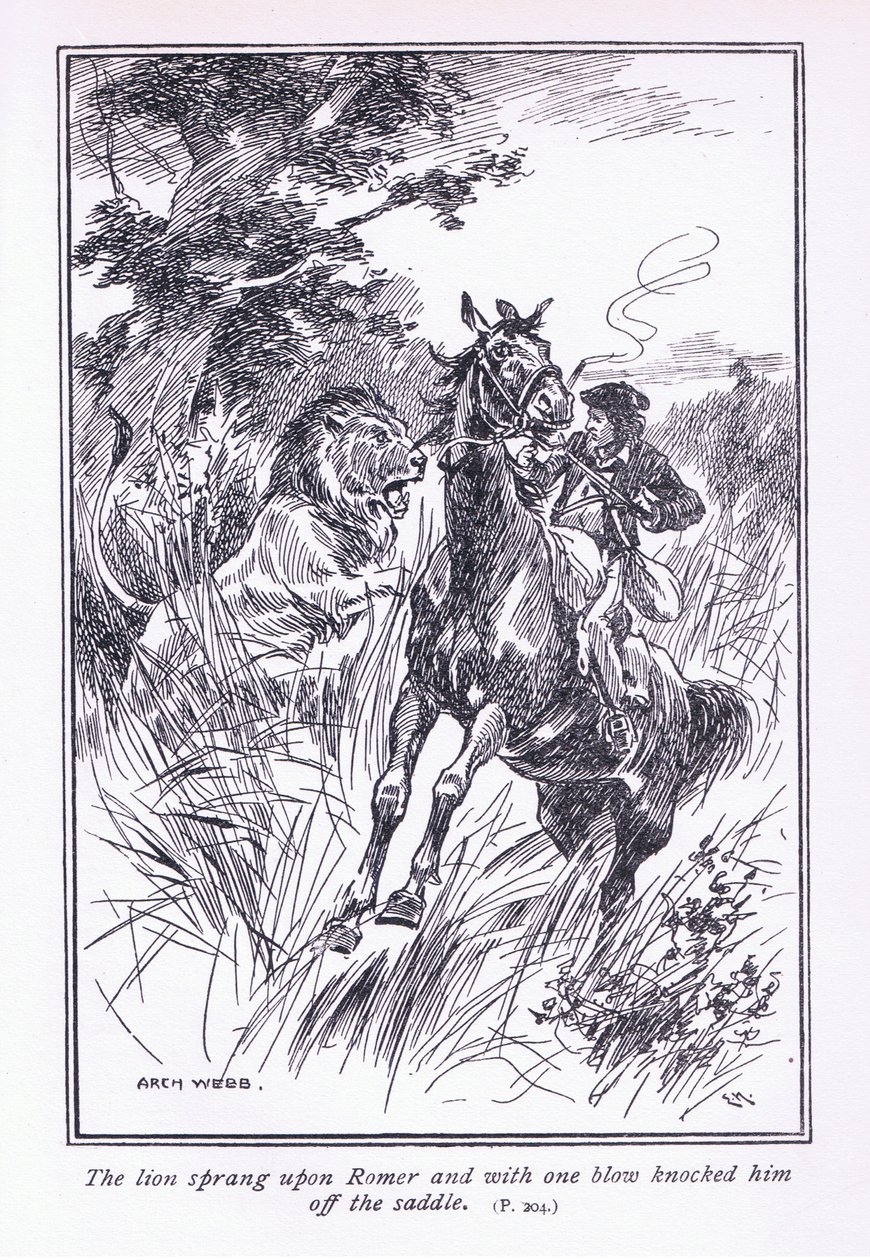 Lejonet sprang över Romer och med ett slag slog han av hans sadel, 1900-talet av Archibald Webb