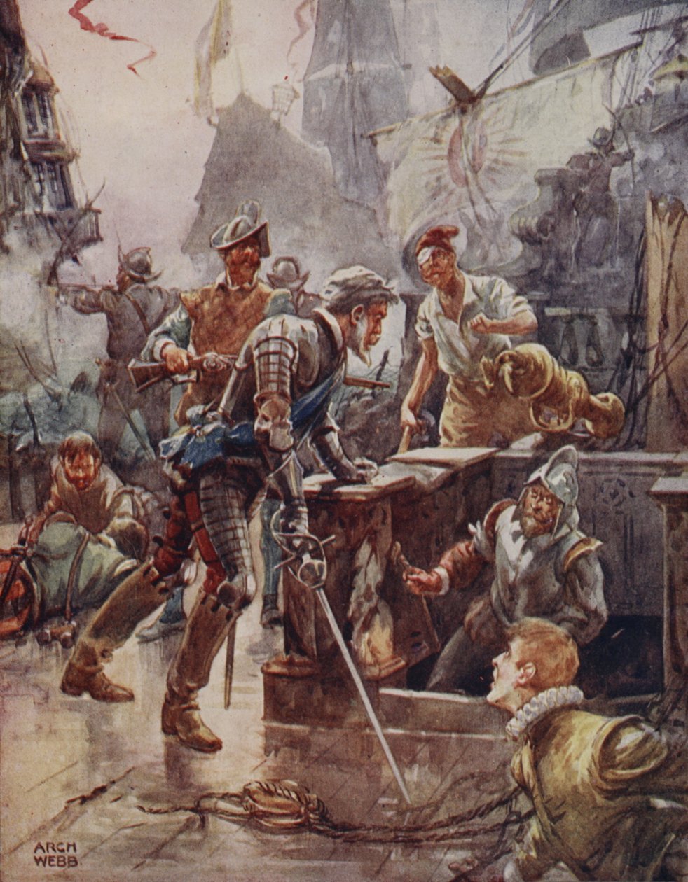 Då ropade han, med stolt blek läpp, "Ho! kanonjär, dela upp och sänka skeppet", från Ballads of Famous Fights, första upplagan, 1920. av Archibald Webb