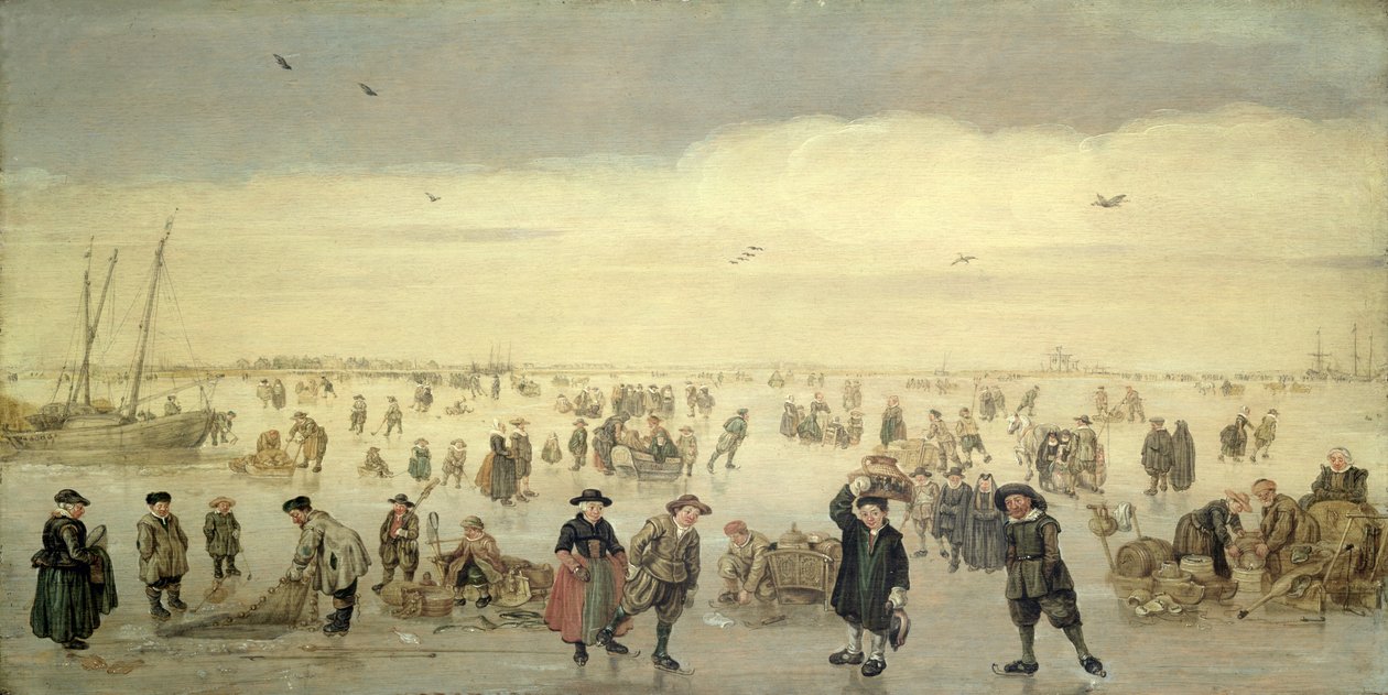 Vinterscen med många figurer på isen, ca 1600-31 (olja på panel) av Arent Arentsz