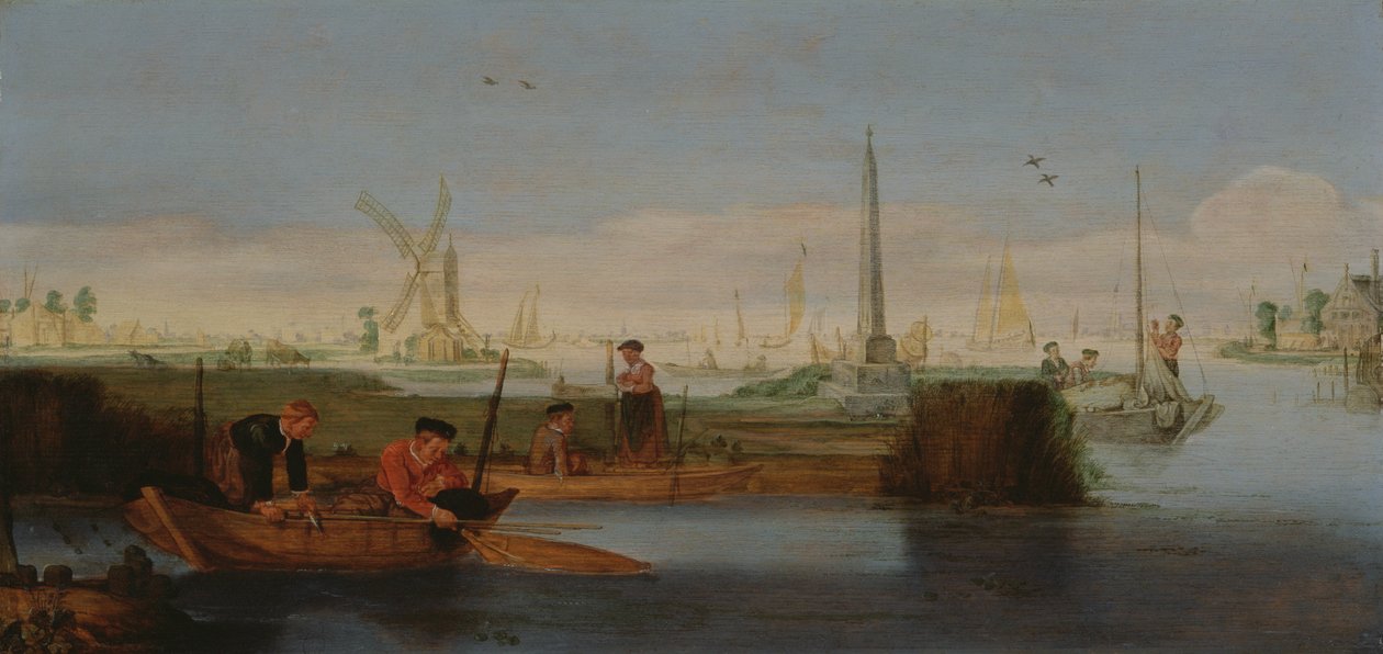 Flodscen med fiskare (olja på duk) av Arentsz van der Cabel