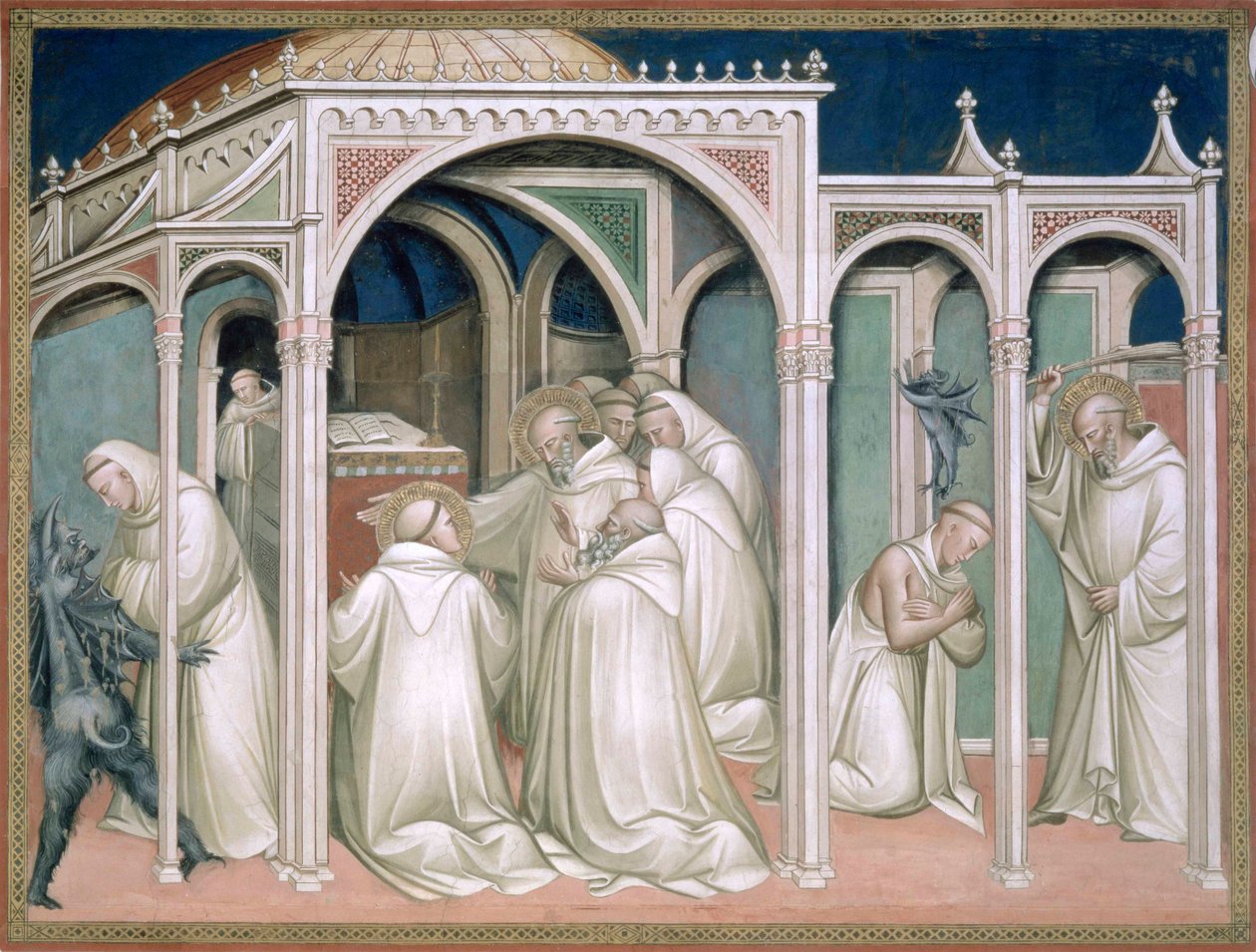 The Saint Frees a Monk Possessed, detalj från Saint Benedicts liv (c.480-c.550), i sakristian, 1387 av Aretino Luca Spinello or Spinelli