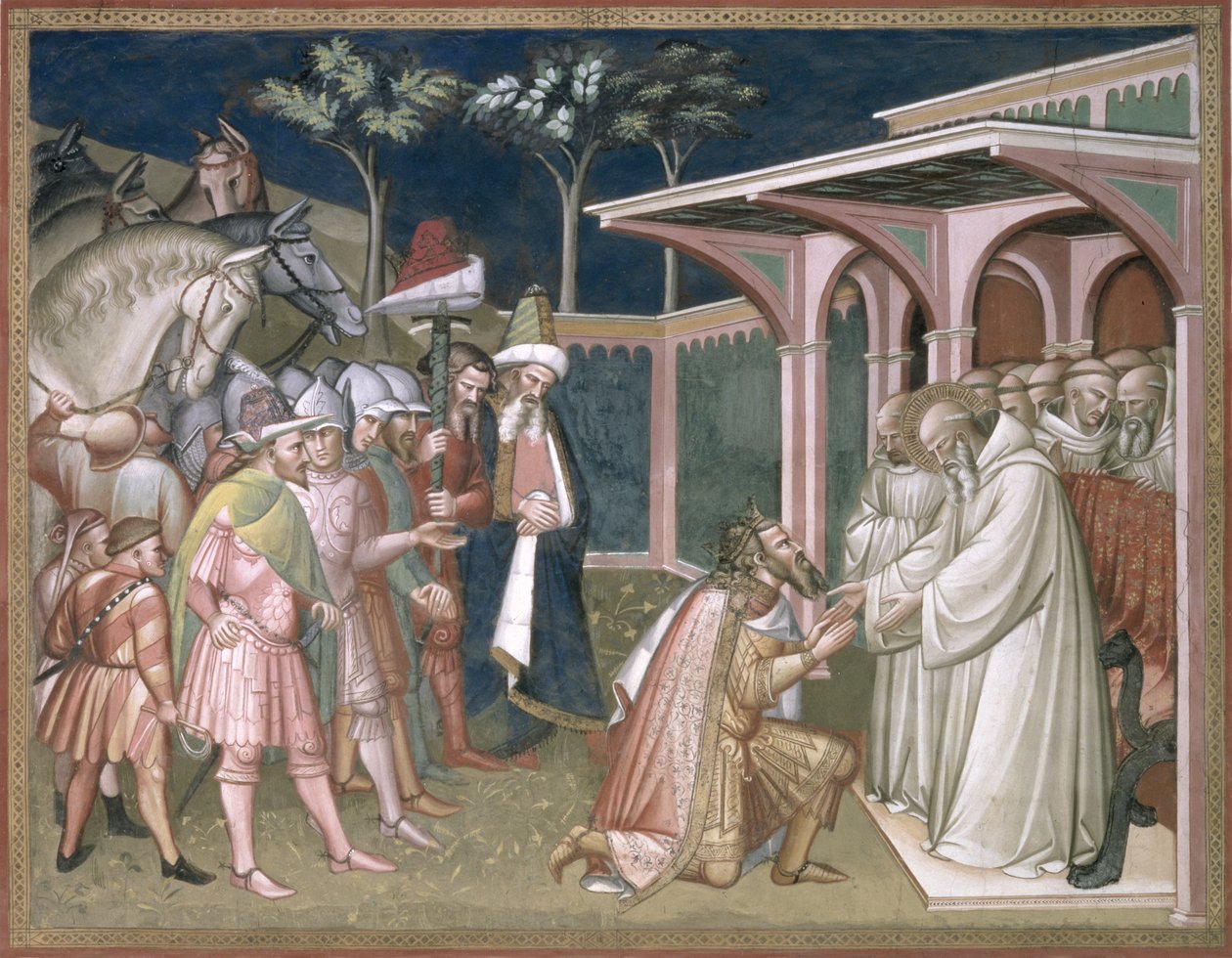 Helgonet profeterar till Totila, kung av goterna, detalj från Sankt Benedikts liv (ca 480-c550), i sakristian, 1387 av Aretino Luca Spinello or Spinelli