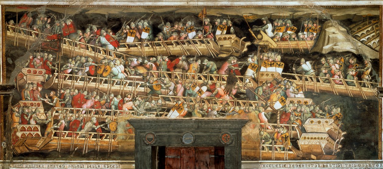 Sjöstrid i Punta Salvatore, motstående armén av Frederic Barberossa till venetianerna (Fresco av Aretino Luca Spinello or Spinelli