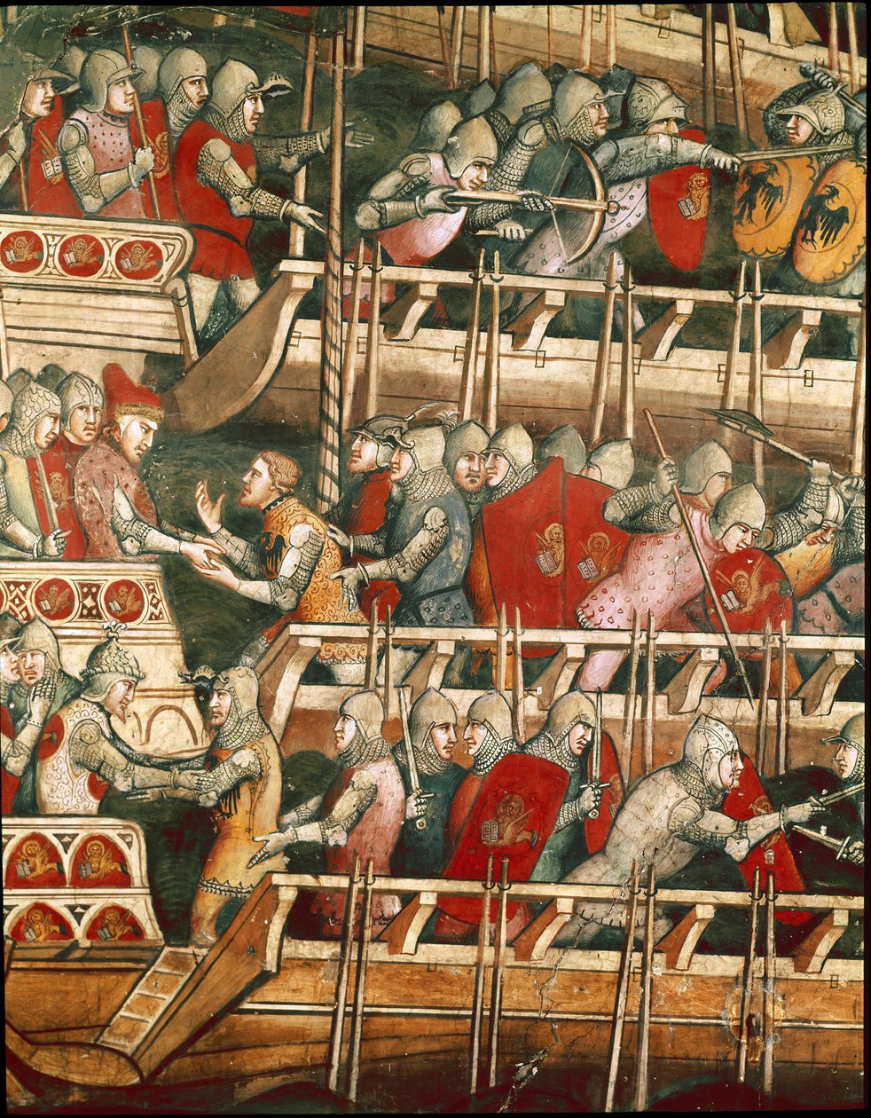 Sjöstrid i Punta Salvore i Triestebukten. Detalj av utbytena av gisslan (Fresco av Aretino Luca Spinello or Spinelli