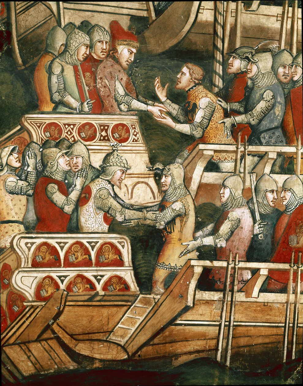Sjöstrid i Punta Salvore i Triestebukten. Detalj av utbytena av gisslan (Fresco av Aretino Luca Spinello or Spinelli