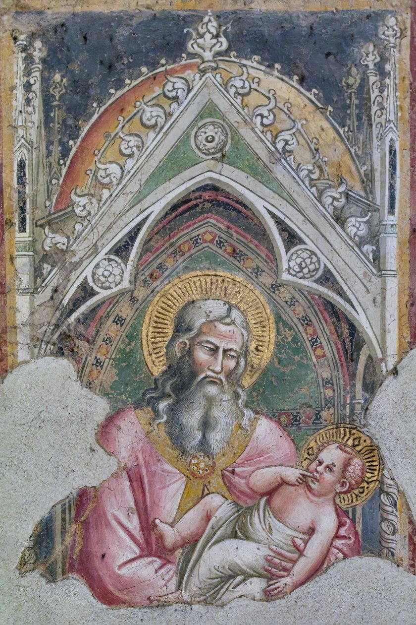 San Simeon håller Jesusbarnet i sina armar enligt berättelsen i Lukasevangeliet (fresk) av Aretino Luca Spinello or Spinelli