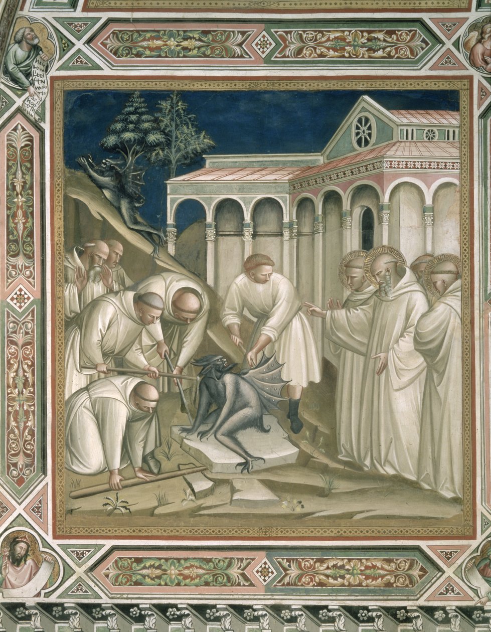 Den tunga stenen, detalj från St Benedictus liv (c.480-c.550), i sakristian, 1387 av Aretino Luca Spinello or Spinelli