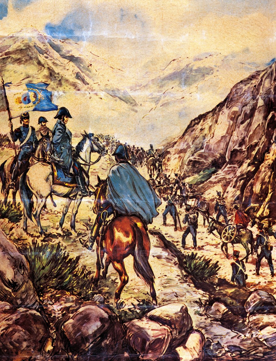 General Jose de San Martin, även känd som Sydstaternas befriare, korsar Anderna med sin armé mot Peru av Argentinian School