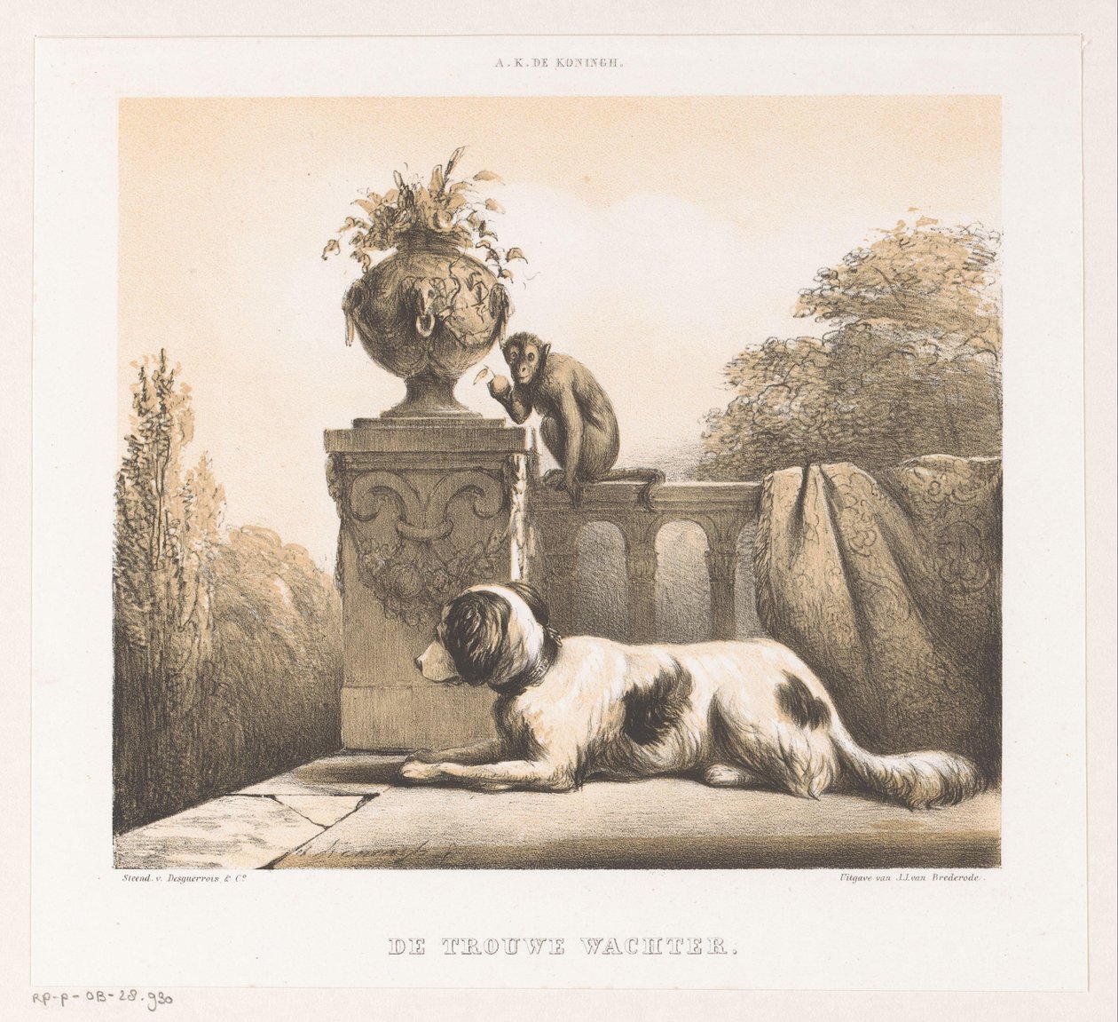 Hund och apa på terrassen The Faithful Watchman (titel på objekt) av Arie Ketting de Koningh