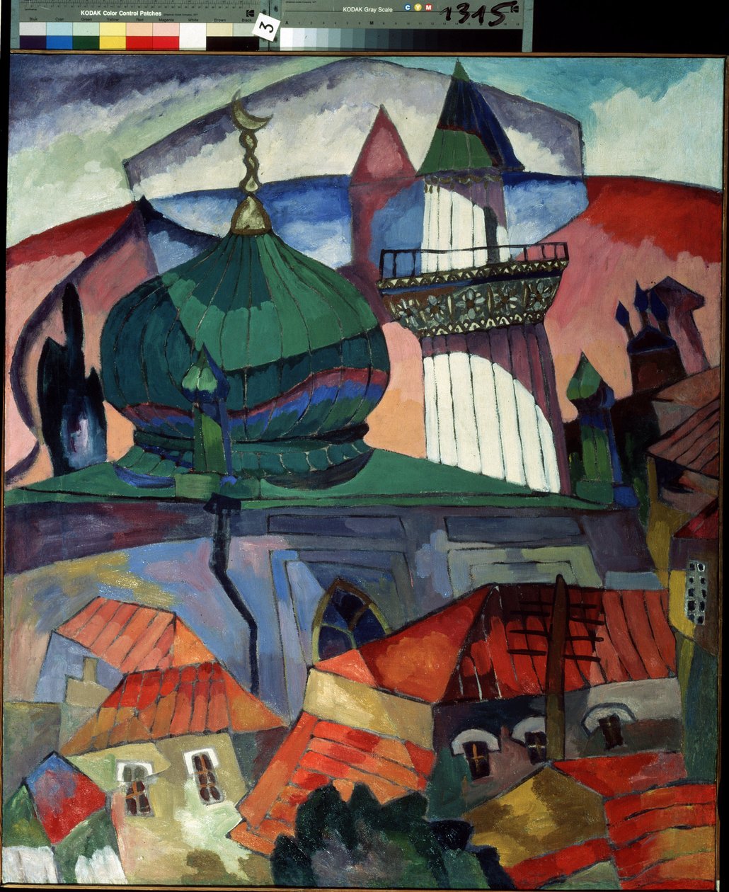 Moské (moské). Dekorativ beskrivning av en rysk stad i Centralasien, dominerad av taket på moskén med den muslimska halvmånen och muezzintornet. Målning av Aristarkh Vasilyevich Lentulov (Lentulov) (1882-1943), olja på duk av Aristarkh Vasilievic Lentulov