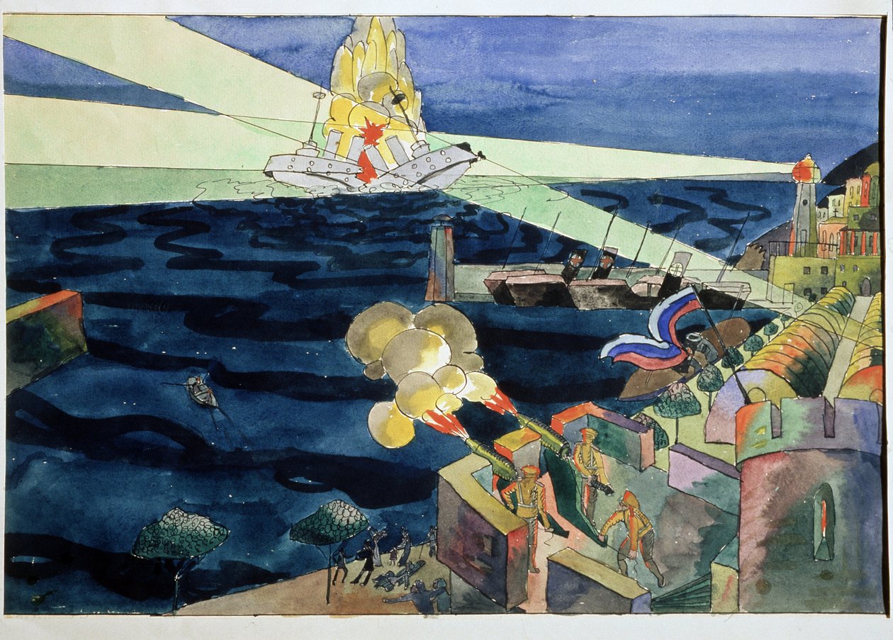 Ett sjöslag. Kanonerna försvarar den befästa kusten och skjuter mot ett slagskepp som går sönder under explosioner. Arbete av Aristarkh Vasilyevich Lentulov (Lentulov) (1882-1943), akvarell på papper av Aristarkh Vasilievic Lentulov