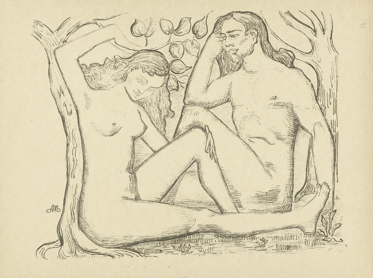 Adam och Eva sitter vid trädet Naken man och kvinna L