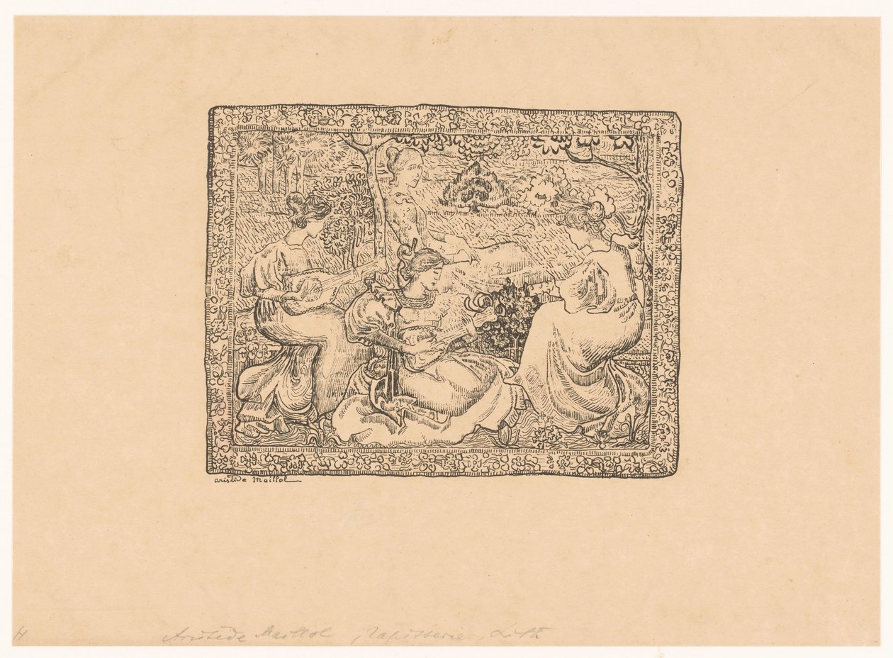 Gobeläng med fyra musikskapande kvinnor i ett landskap Concert champêtre (originaltitel) av Aristide Maillol