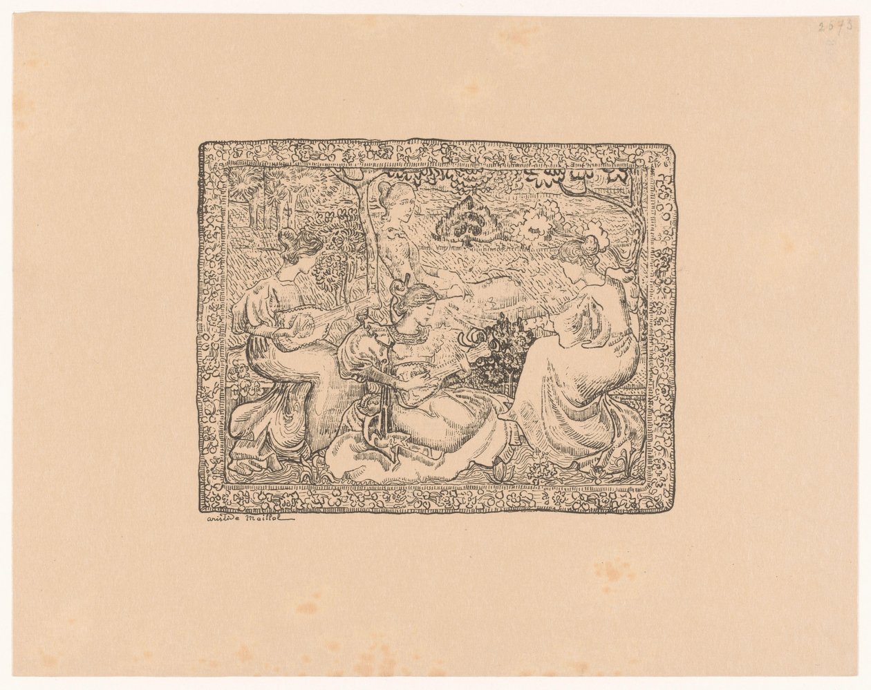 Gobeläng med fyra musikskapande kvinnor i ett landskap Concert champêtre (originaltitel) av Aristide Maillol