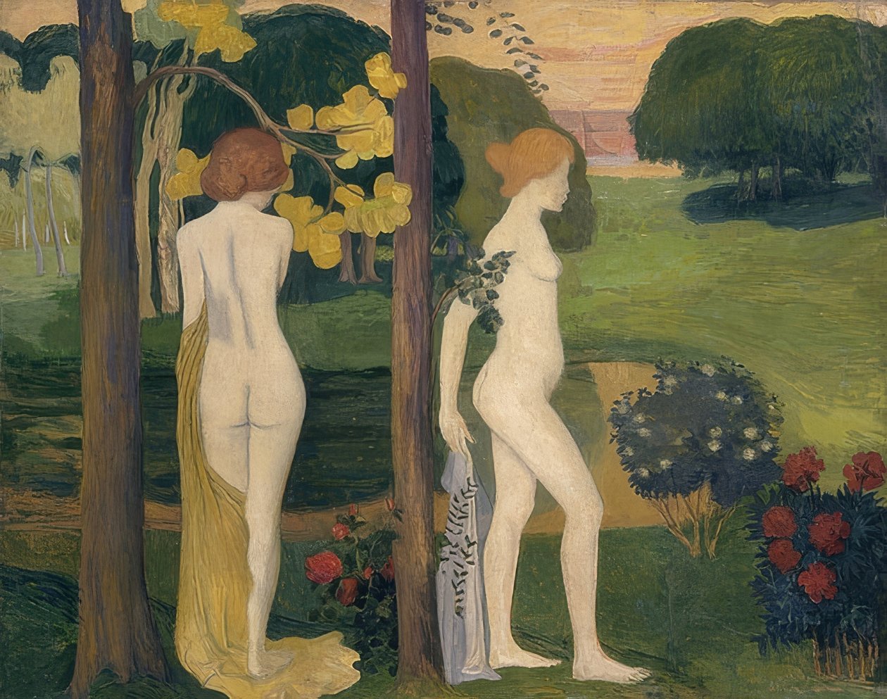 Två kvinnliga nakenbilder i ett landskap (Deux nus dans un paysage). Omkring 1895/1900 av Aristide Maillol