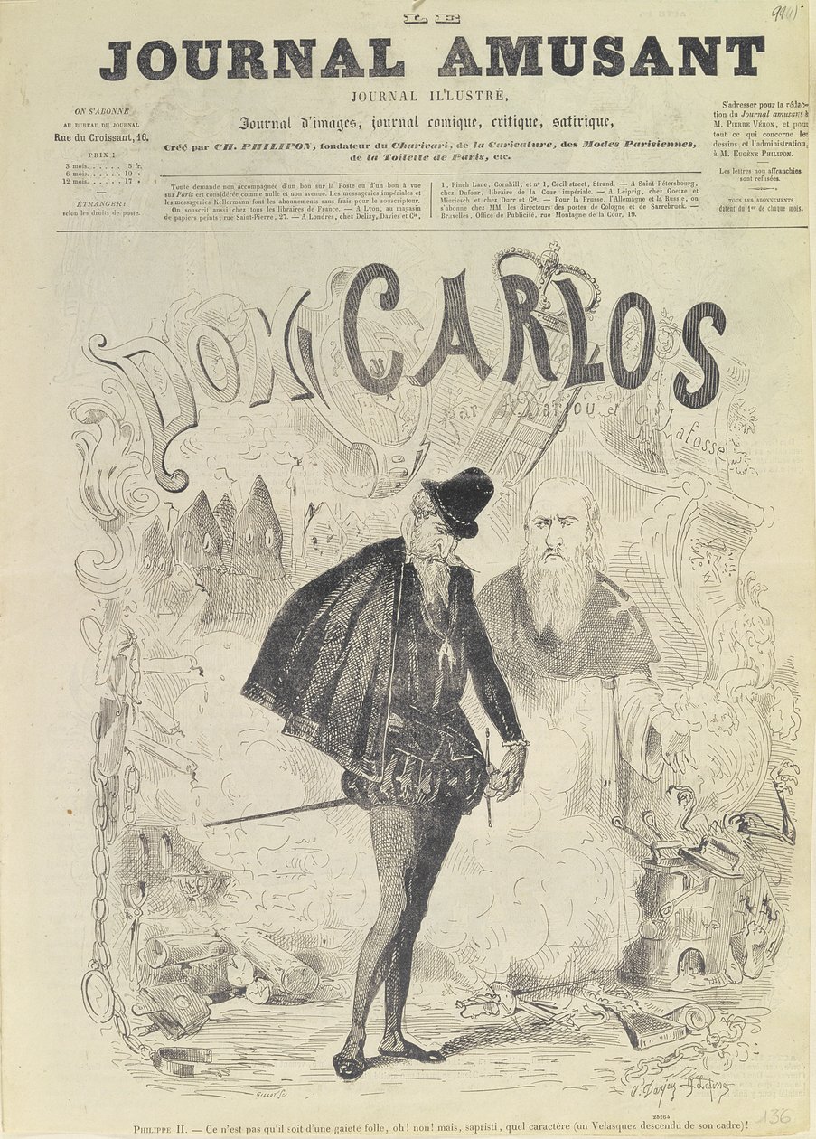 Framsidan av "Le Journal Amusant", med en karikatyr av Don Carlos, från operan "Don Carlos", av Giuseppe Verdi (1813-1901): av Arjou Henri and Lafosse, G Darfou