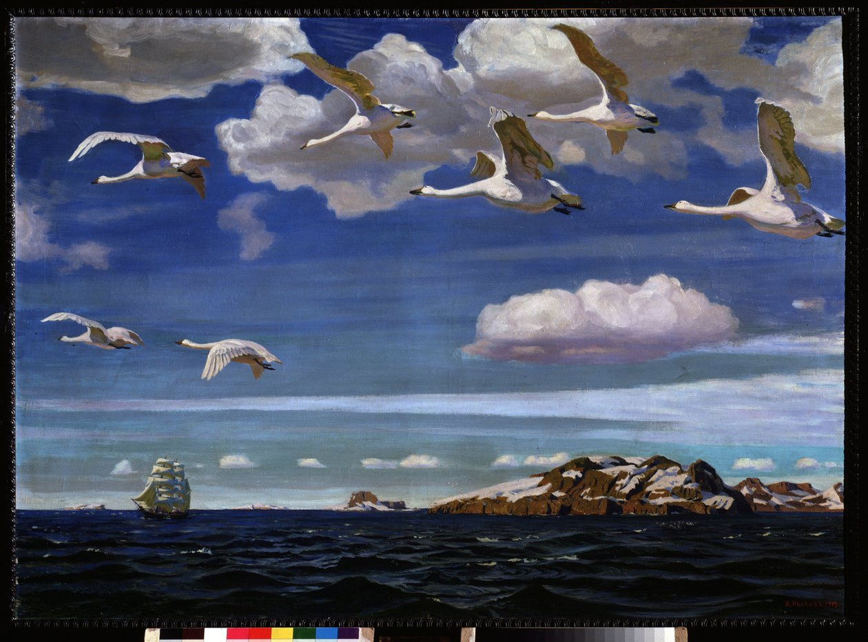 Blå frihet. Migration av vildgäss som flyger över havet Målning av Arkadi (Arkady) Alexandrovich Rylov (1870-1939), olja på duk av Arkadij Aleksandrovic Rylov