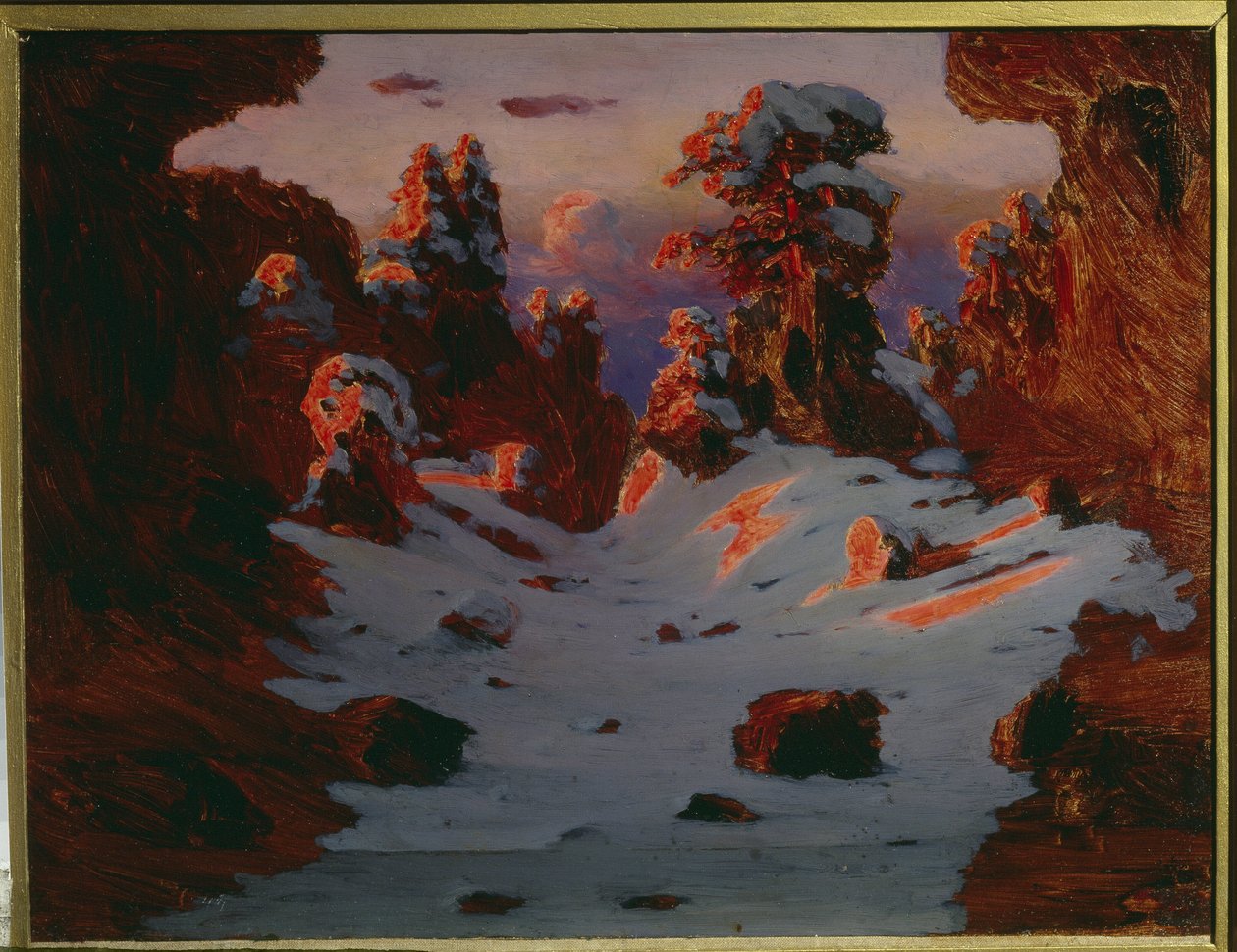 Vinterlandskap vid solnedgången (Sunset Effect). Målning av Alexander Ivanovich Kuindzhi (Kouindji) (1842-1910). Olja på duk. Mått: 39 x 53 cm. Sankt Petersburg, State Russian Museum Museum av Arkhip Ivanovich Kuindzhi