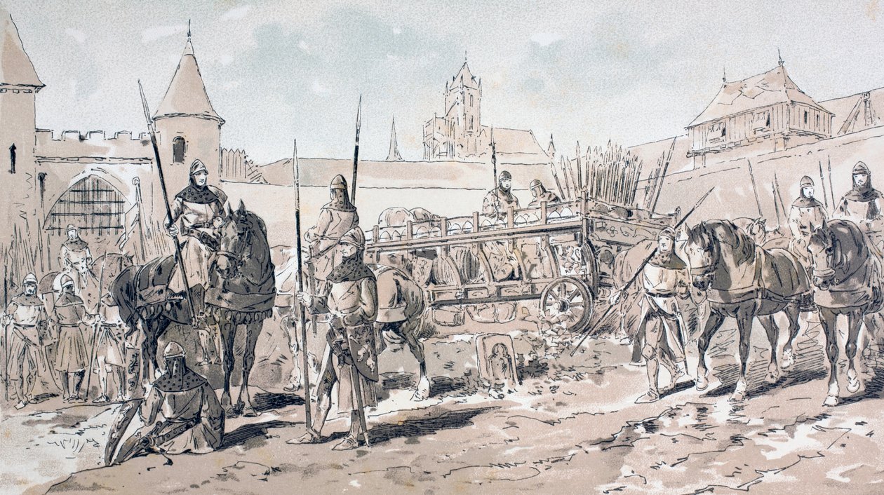 Kavalleri och fotsoldater med hästdragna vagnar med vapen och förnödenheter under 1200-talet, 1886 av Armand Jean Heins