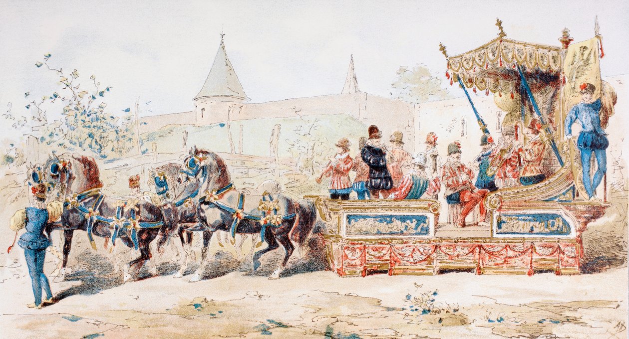 Hästdragen dekorerad vagn med professionella musiker, 1500-talet, 1886 av Armand Jean Heins