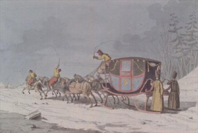 Häst och vagn på slädar från "Ryssarnas seder och vanor" av Armand Gustave Houbigant