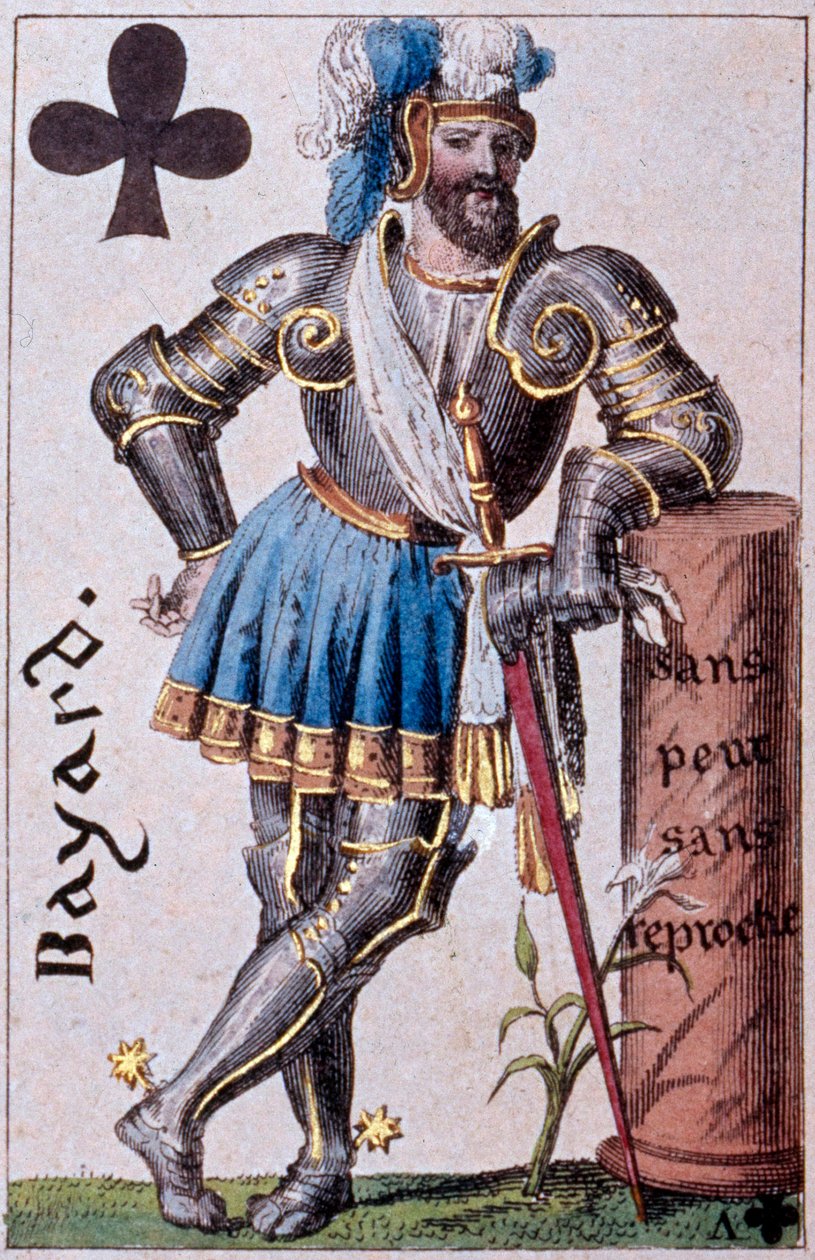 Representation av riddaren Pierre Terrail, Lord of Bayard (1476-1524). Detalj av ett spelkort gjort av Gustave Houbigant (1789-1862) 1800-talets Paris B.N. av Armand Gustave Houbigant