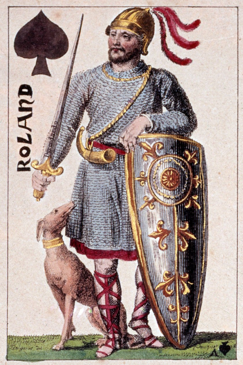 Representation av riddaren Roland (eller Hroudland), Marquis of the Marches of Bretagne. Detalj av ett spelkort gjord av Gustave Houbigant (1789-1862) 1800-talets Paris B.N. av Armand Gustave Houbigant