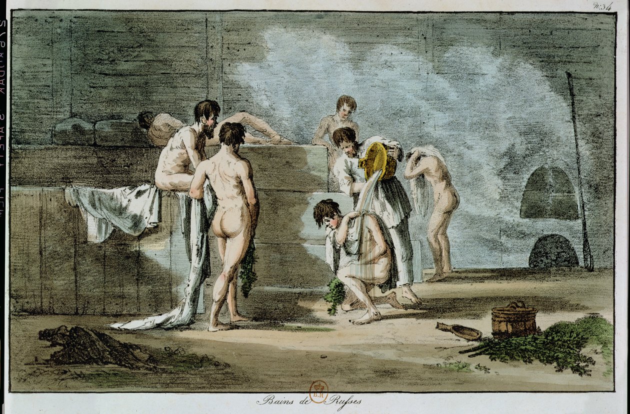 Ryska män i en bastu, från Mores et Coutumes Russes, 1821 (färgad litho) av Armand Gustave Houbigant