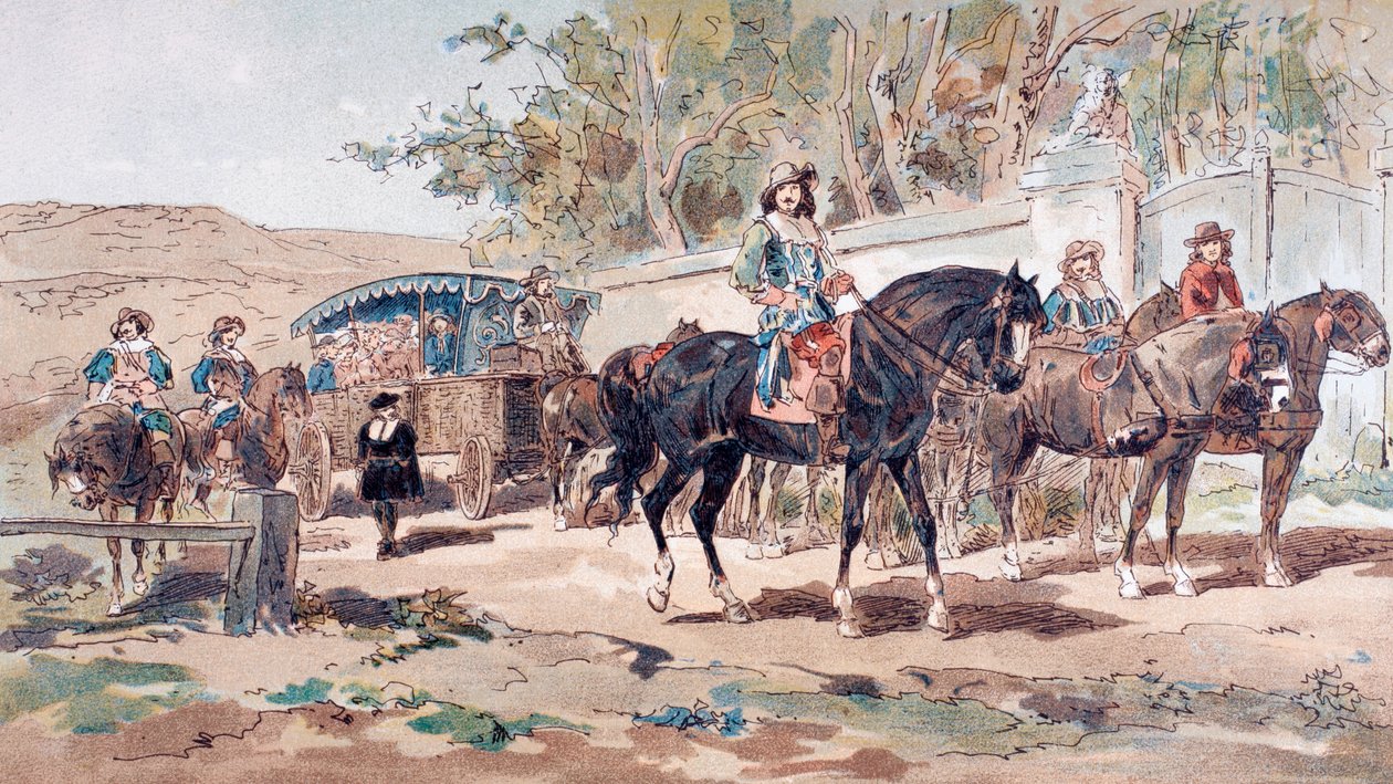 A Horse Drawn Public Diligence, eller Coach, från 1600-talet med monterad eskort, 1886 av Armand Jean Heins