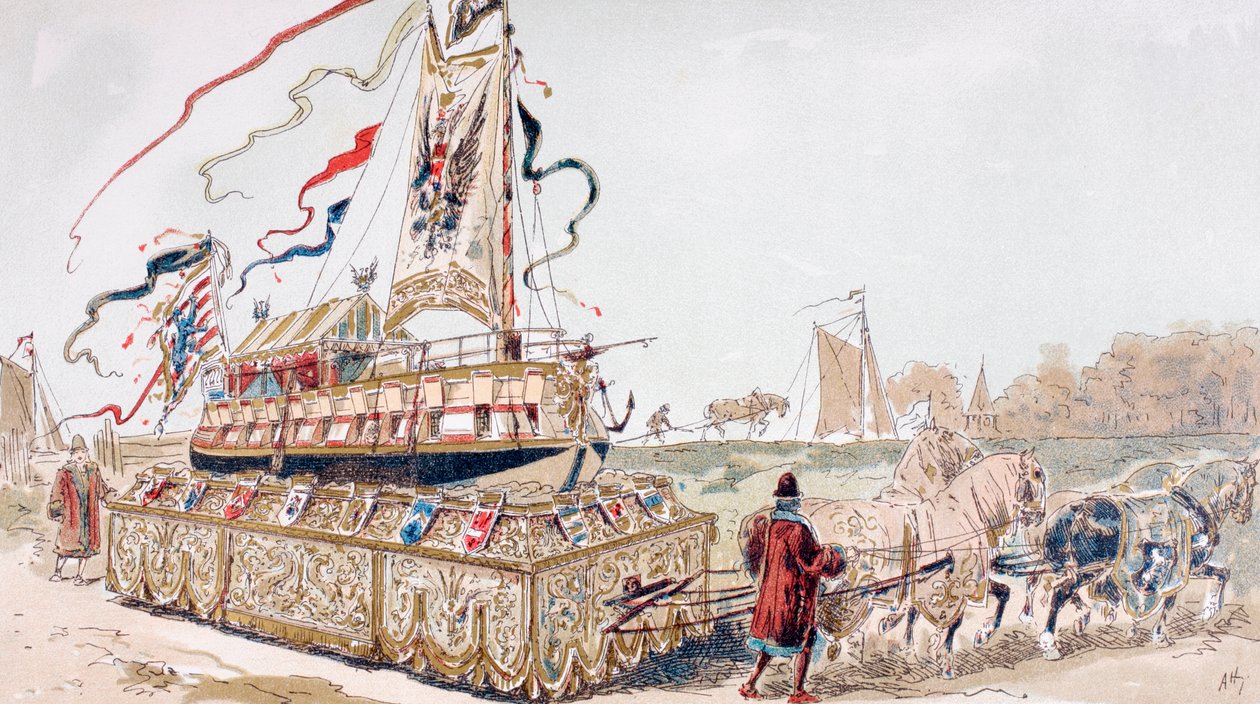 En kunglig pråm som dras på en vagn av hästar till en kanal på 1500-talet av Armand Jean Heins