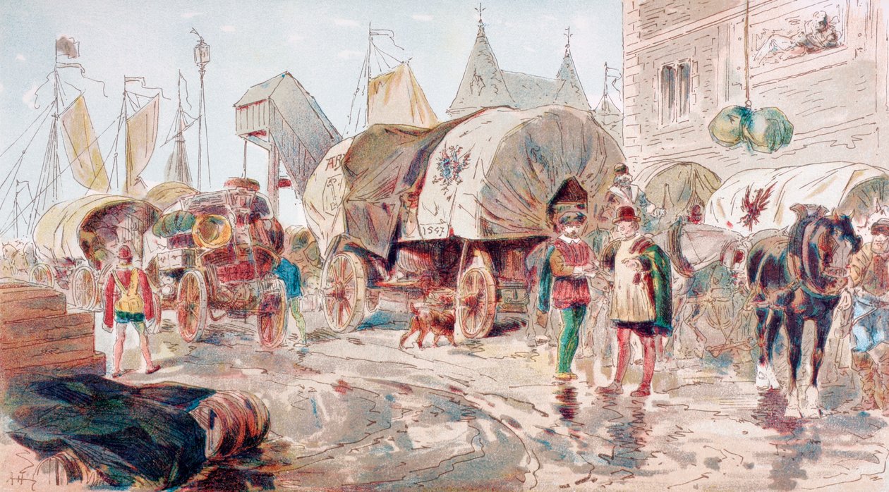 Hästdragna vagnar fulla av varor och tillhörande Hansan anländer till en hamn, 1500-talet, 1886 av Armand Jean Heins