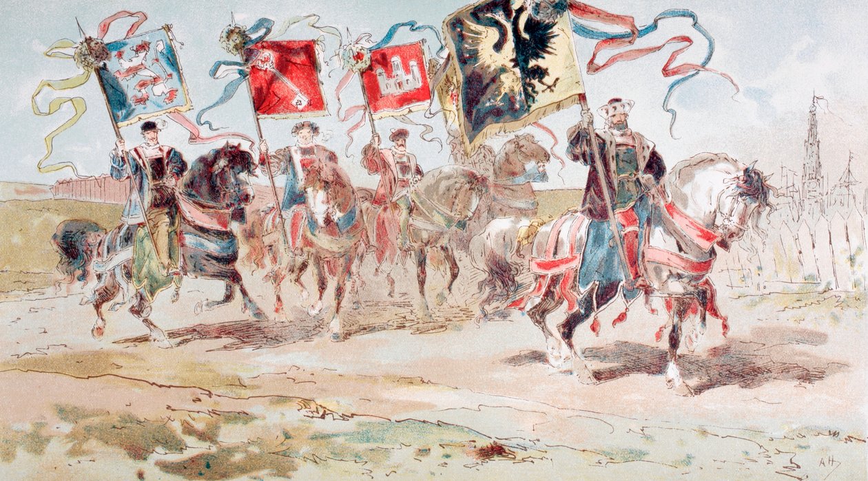 Ryttare som bär banderoller från hansan och städer som tillhör förbundet, 1500-talet, 1886 av Armand Jean Heins