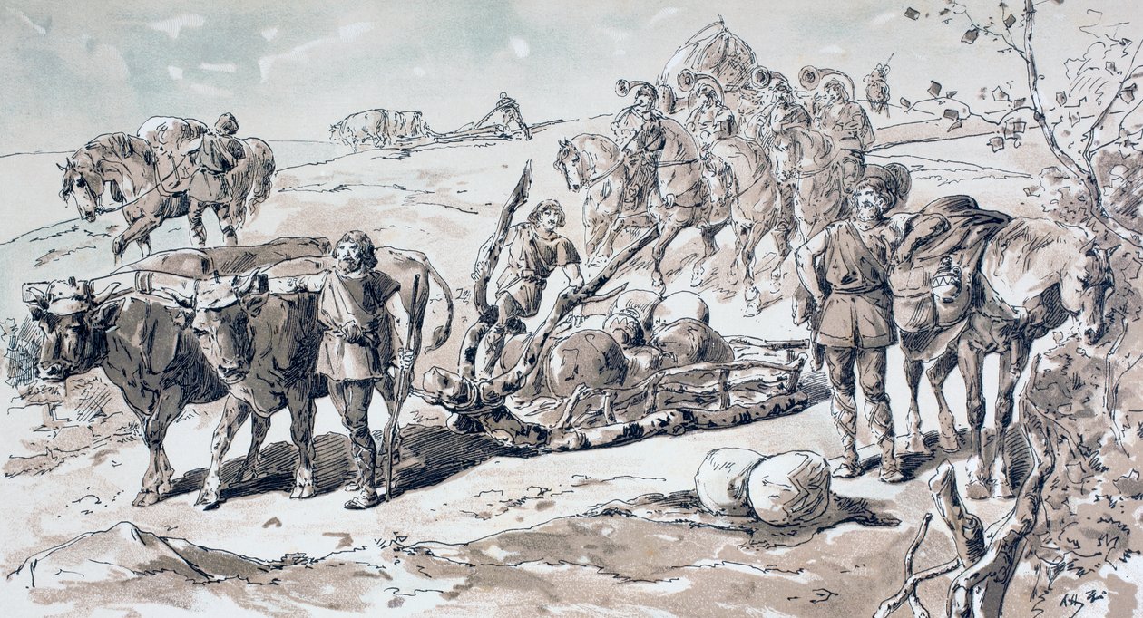 Oxar ritar en primitiv släde lastad med stenar, 1886 av Armand Jean Heins