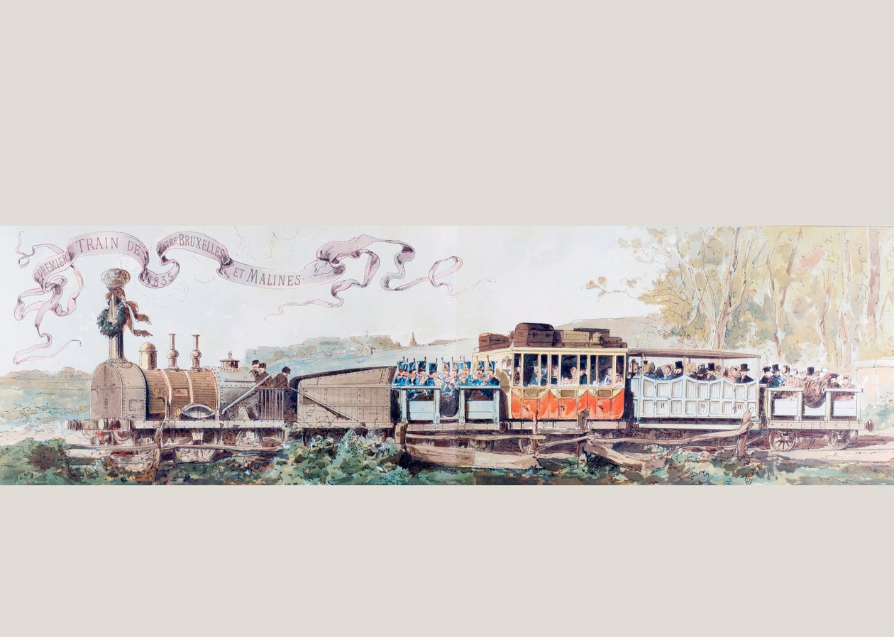 Bild som firar det första tåget från Bryssel till Mechlin 1835, 1886 av Armand Jean Heins