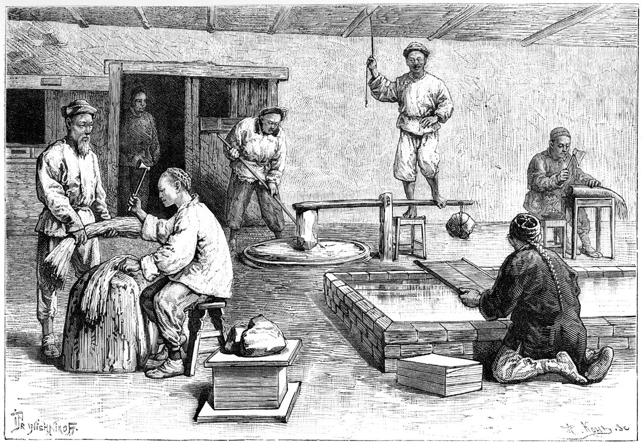 Ett pappersbruk, Kina, 1895. av Armand Kohl