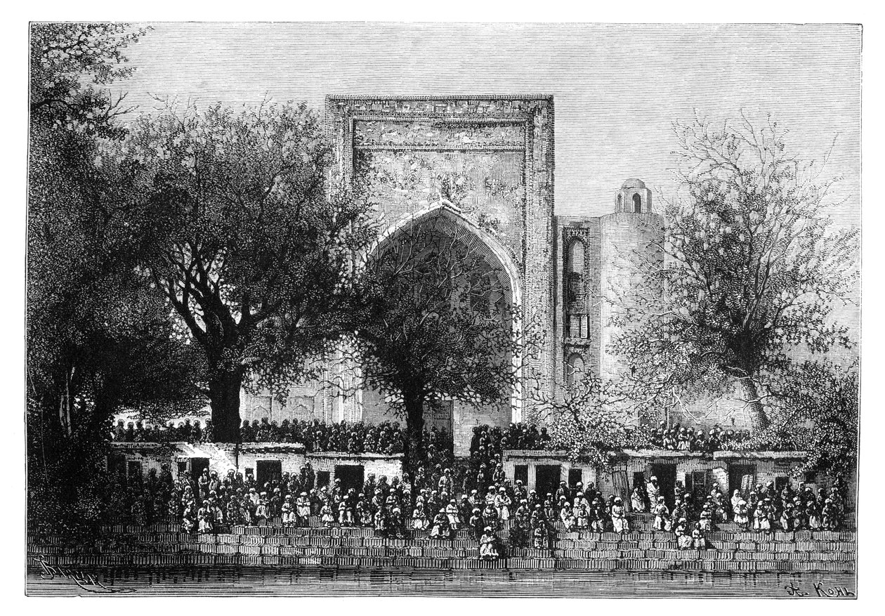 En församling inför moskén i Bukhara, Uzbekistan, 1895. av Armand Kohl