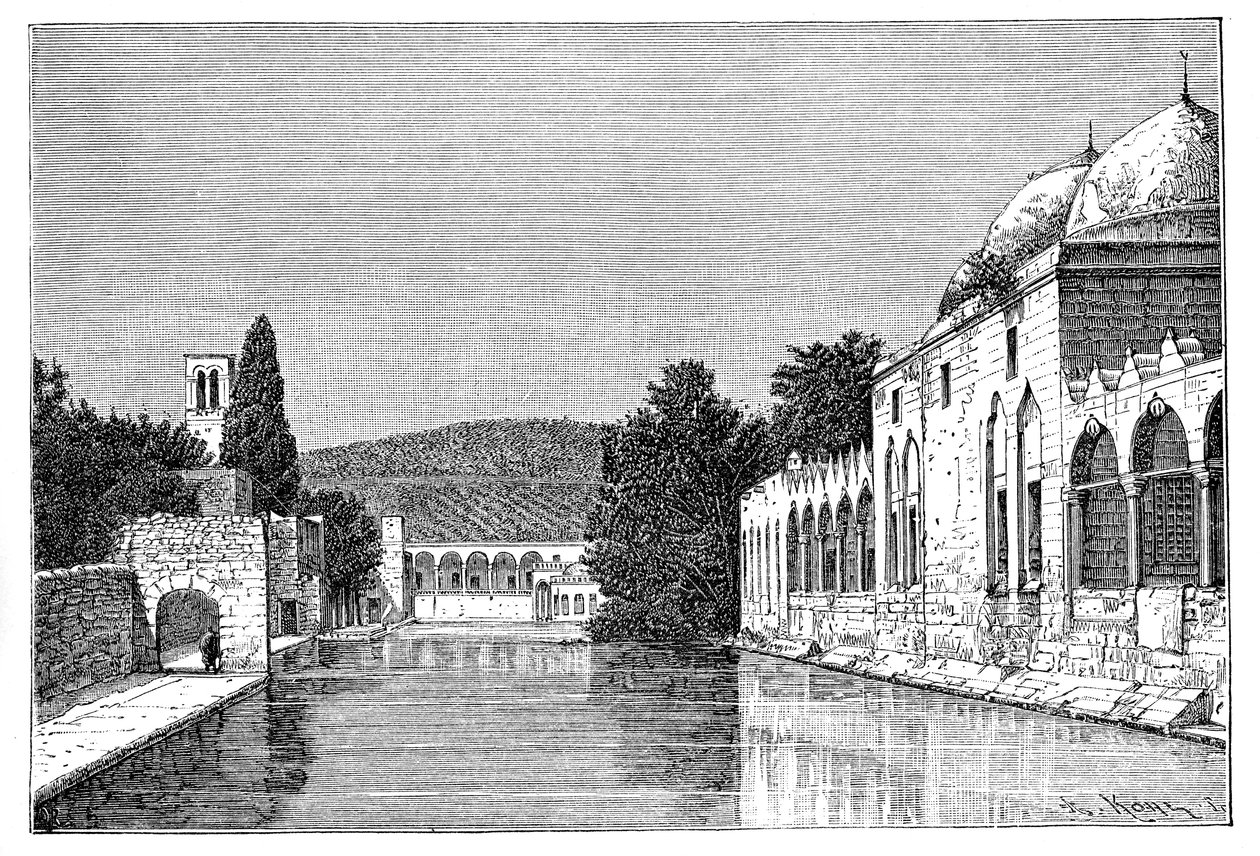 Abrahams moské och fontän, Ofra vid Tayyibah, Västbanken, Israel, 1895. av Armand Kohl