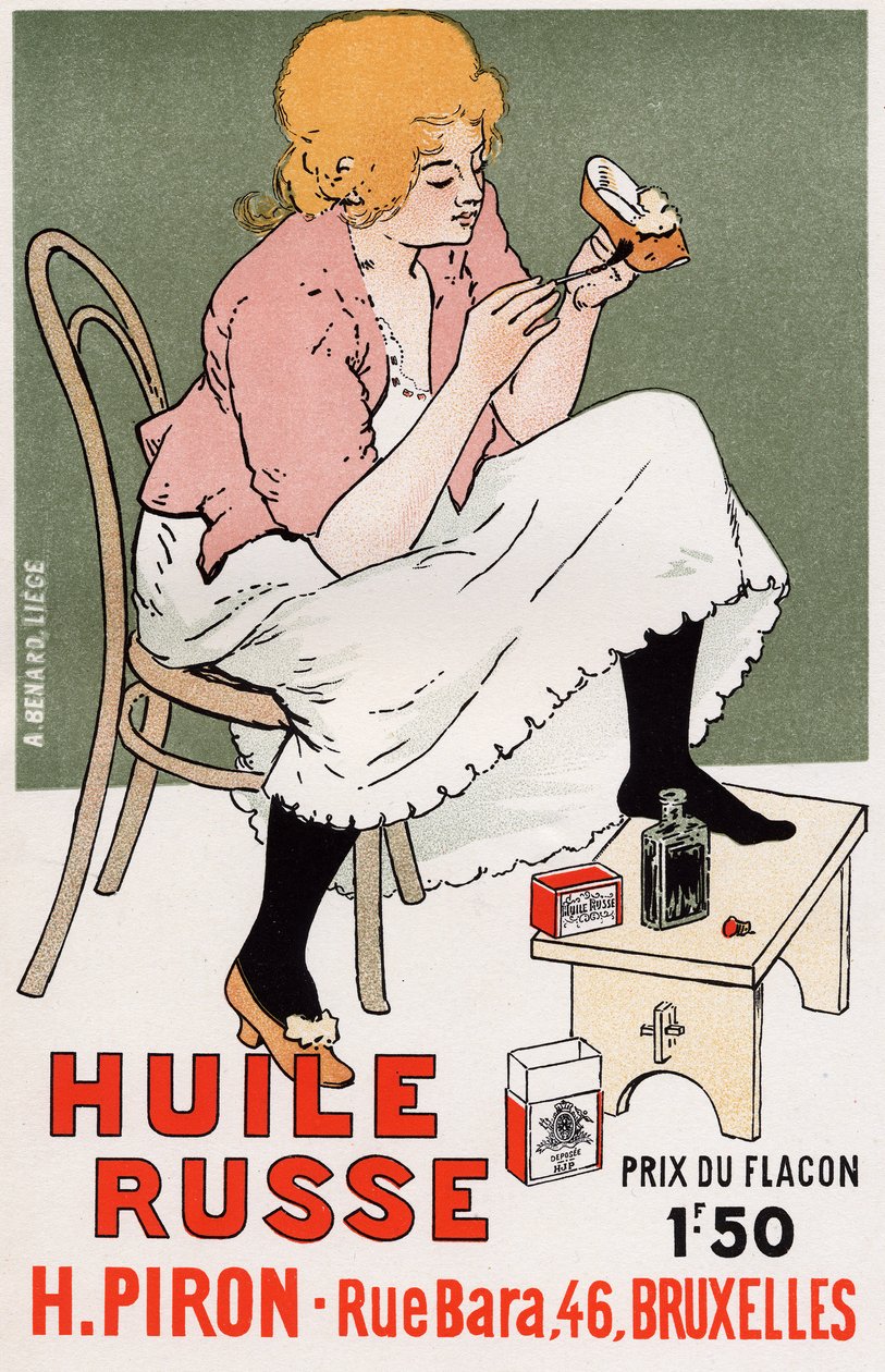 Livsstil. Fashion. Rysk olja, skorreparation. Affisch av Armand Rassenfosse, Belgien, ca 1895 (affisch) av Armand Rassenfosse