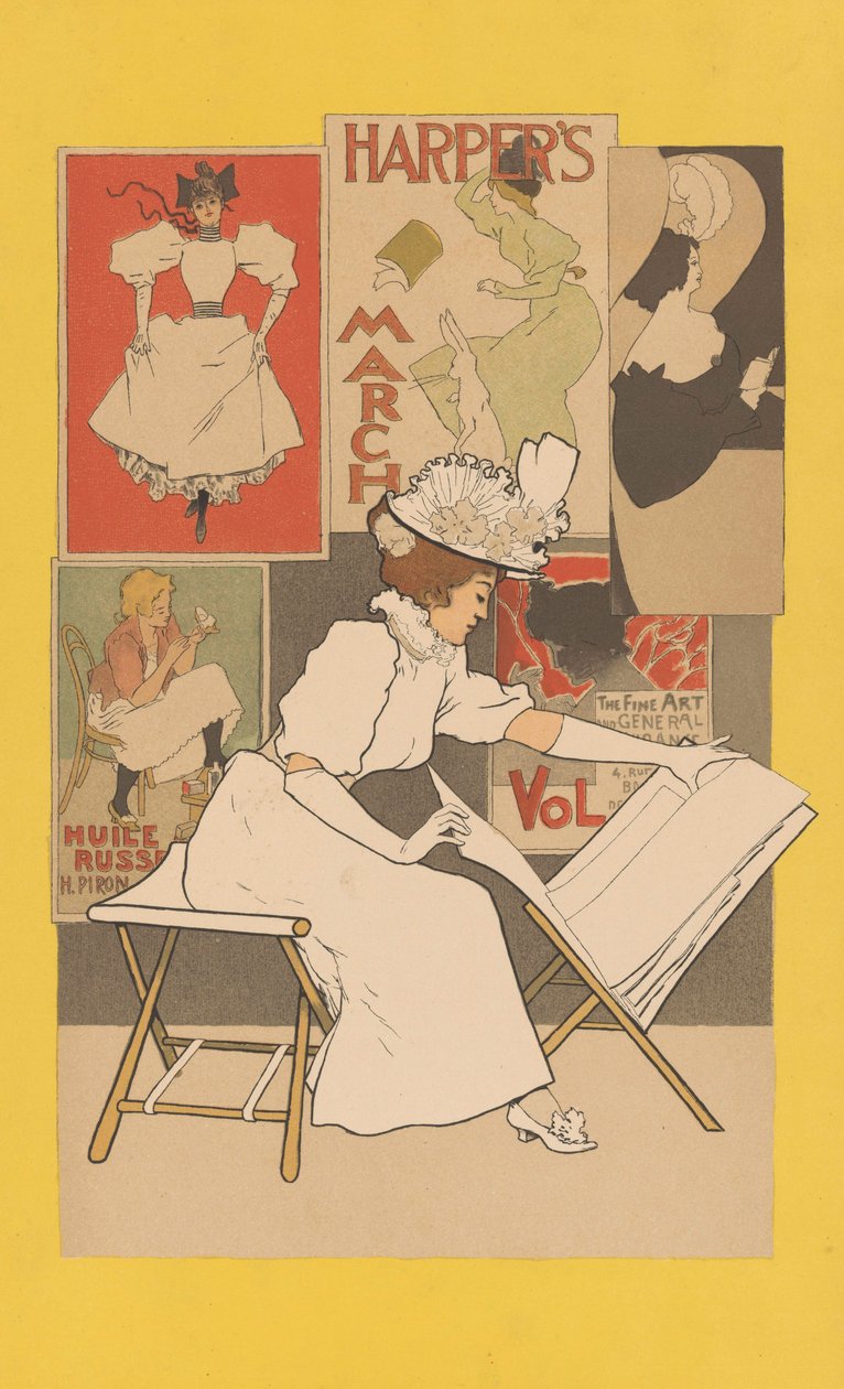 Sittande kvinna vid en monter och tittar på tryck, 1897 av Armand Rassenfosse