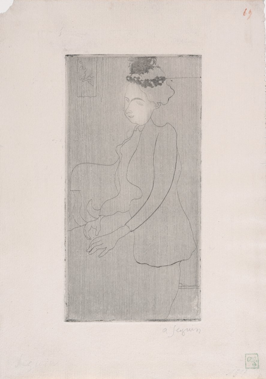 Femme assise avec chapeau a plumes (Sittande kvinna med fjäderhatt) c.1893 (etsning) av Armand Séguin