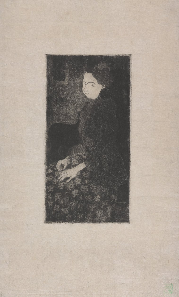 Femme assise avec chapeau a plumes (Sittande kvinna med fjäderhatt) c.1893 (etsning, torrnål och stipple) av Armand Séguin