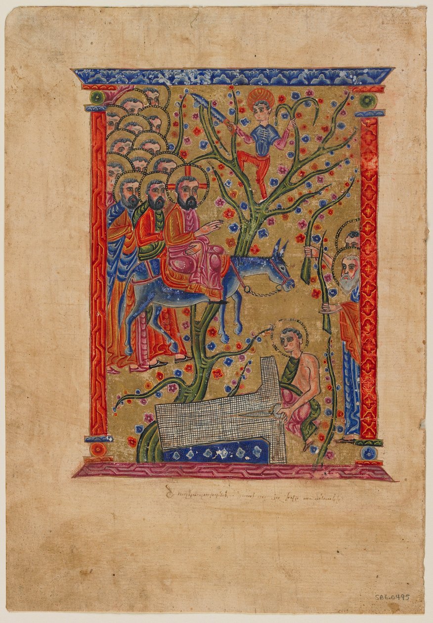 Folio från ett armeniskt manuskript: The Entry into Jerusalem, c.1500 (bläck, ogenomskinlig wc och guld på papper) av Armenian School