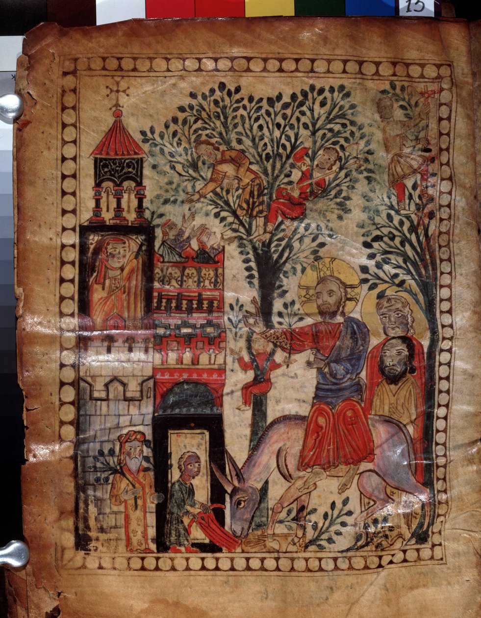 Kristi inträde i Jerusalem (Israel). Belysning av Codex Matenadarans mästare (1200-talet), miniatyr, akvarell på pergament av Armenian School