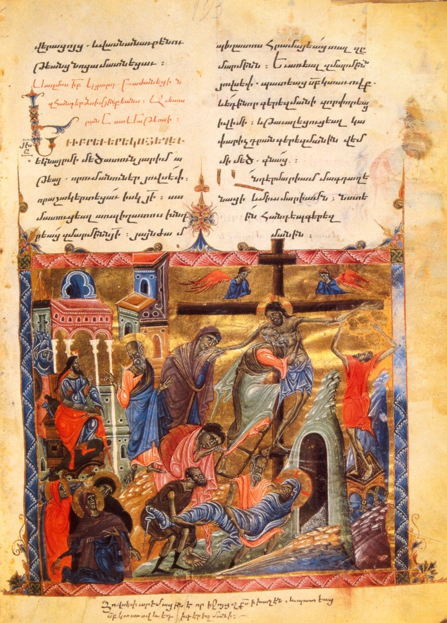 Nedstigningen i graven. Kristi begravning, ca 1200-99 (ljussatt manuskript) av Armenian School