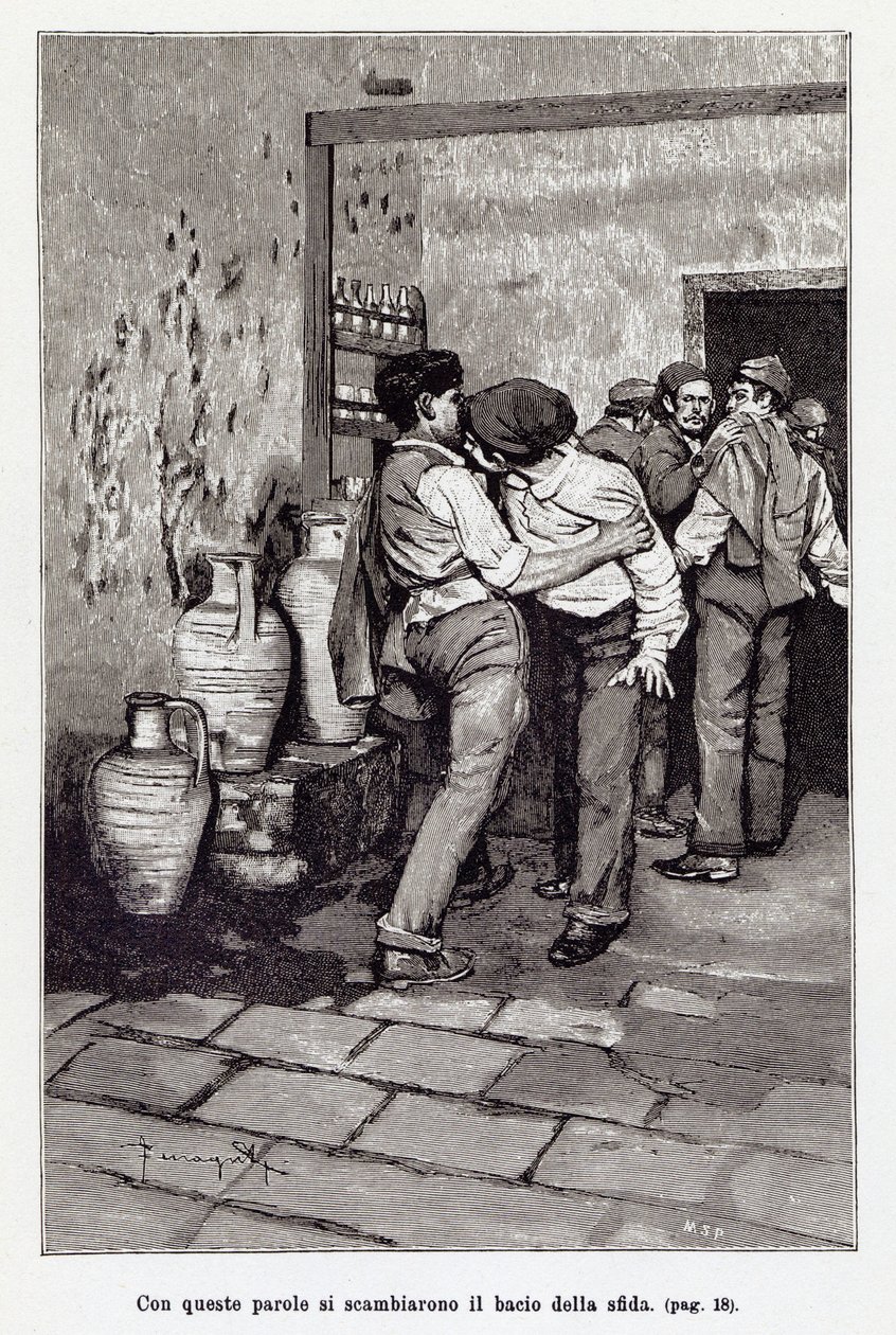 Inbjudan till den sicilianska duellen av den dödliga "kysen", faktiskt ett bett i örat. Illustration av Arnaldo Ferraguti för den nya "" Cavalleria Rusticana "" av Giovanni Verga. 1897 av Arnaldo Ferraguti
