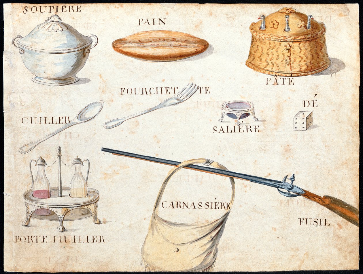 Illustrationer från "A French Alphabet Book of 1814", pub. av Charles Plante Fine Arts, 1814 av Arnaud de Beauregard