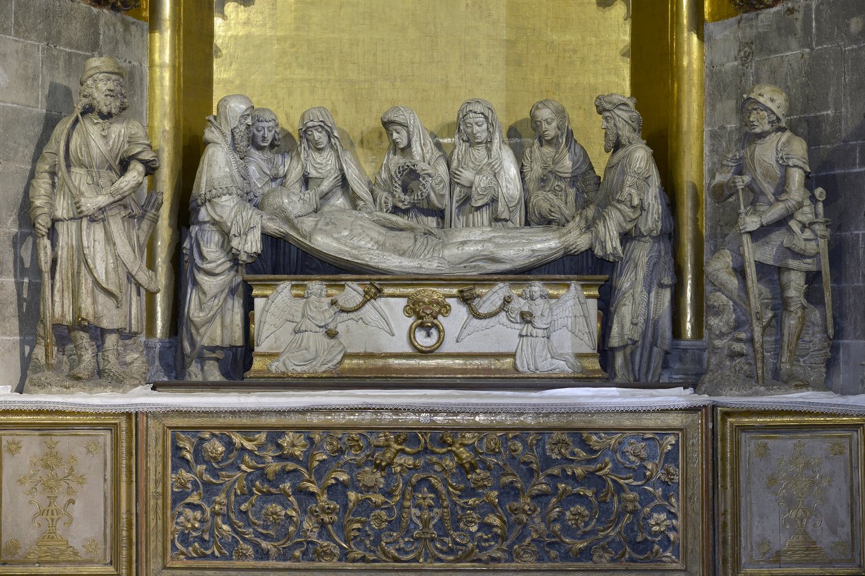 Graven: Kristi hölje hålls av Nicomede och Josef av Arimathia som håller Jesu huvud, bakom, Sankt Johannes stödjer Jungfru Maria, följt av tre kvinnor, den första bär kronans krona och den sista är Maria Magdalena - Skulptur (f av Arnaud de (attr.to) Moles
